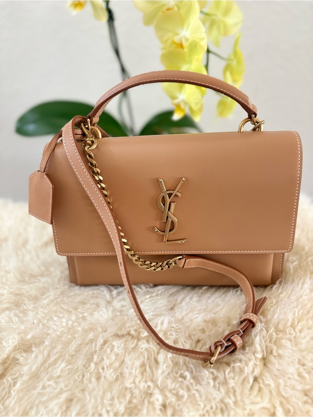 Saint Laurent Calfskin Medium Monogram Sunset Satchel Natural Tan